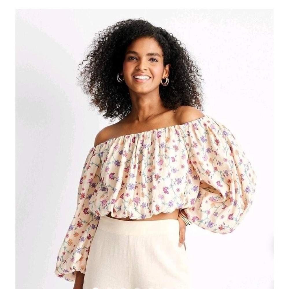 Future Collective Cream Floral PuffSleeve CropTop Womens 1X Cottagecore Festival